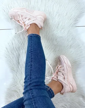 Pale pink dual-material sneakers with oversized platform