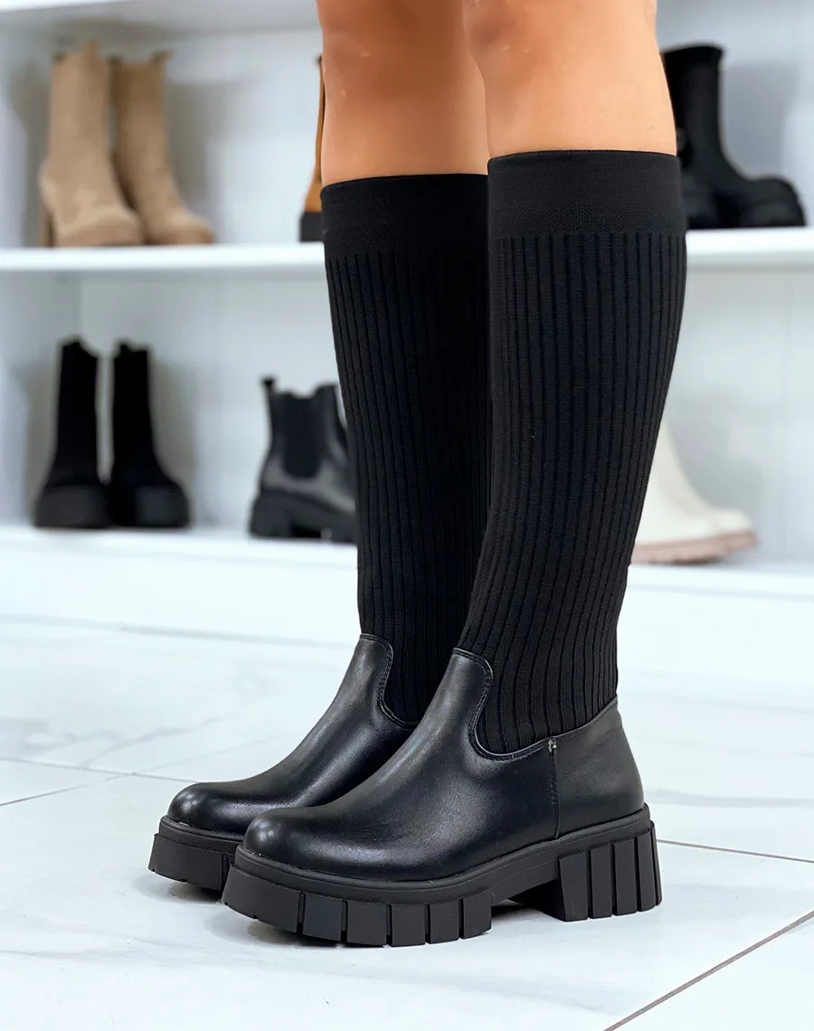 Black platform chunky sole sock boots.