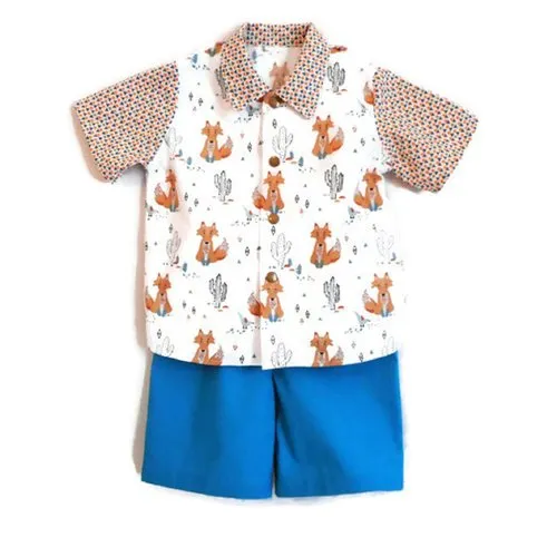 Boy 12 Months Shirt and Shorts Set Spring Summer Cotton Cactus Fox Turquoise