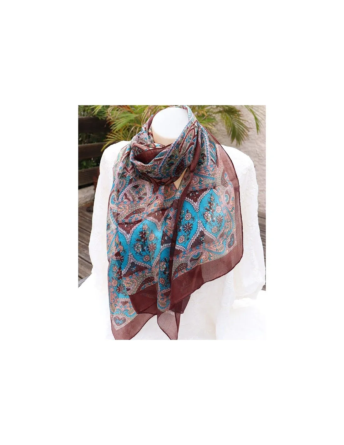 Brown Silk Scarf with Blue, Orange, and Green Patterns