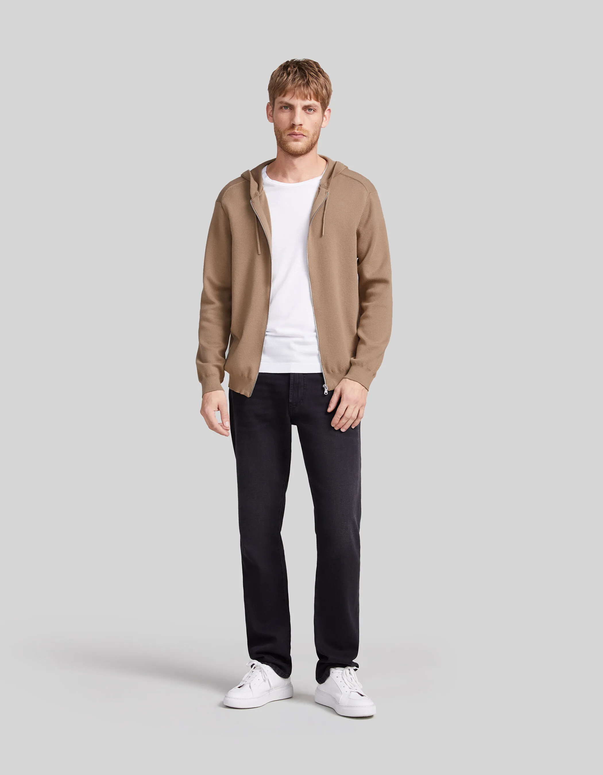 Beige Hoodie Zip-Up Cardigan for Men in Knit Fabric