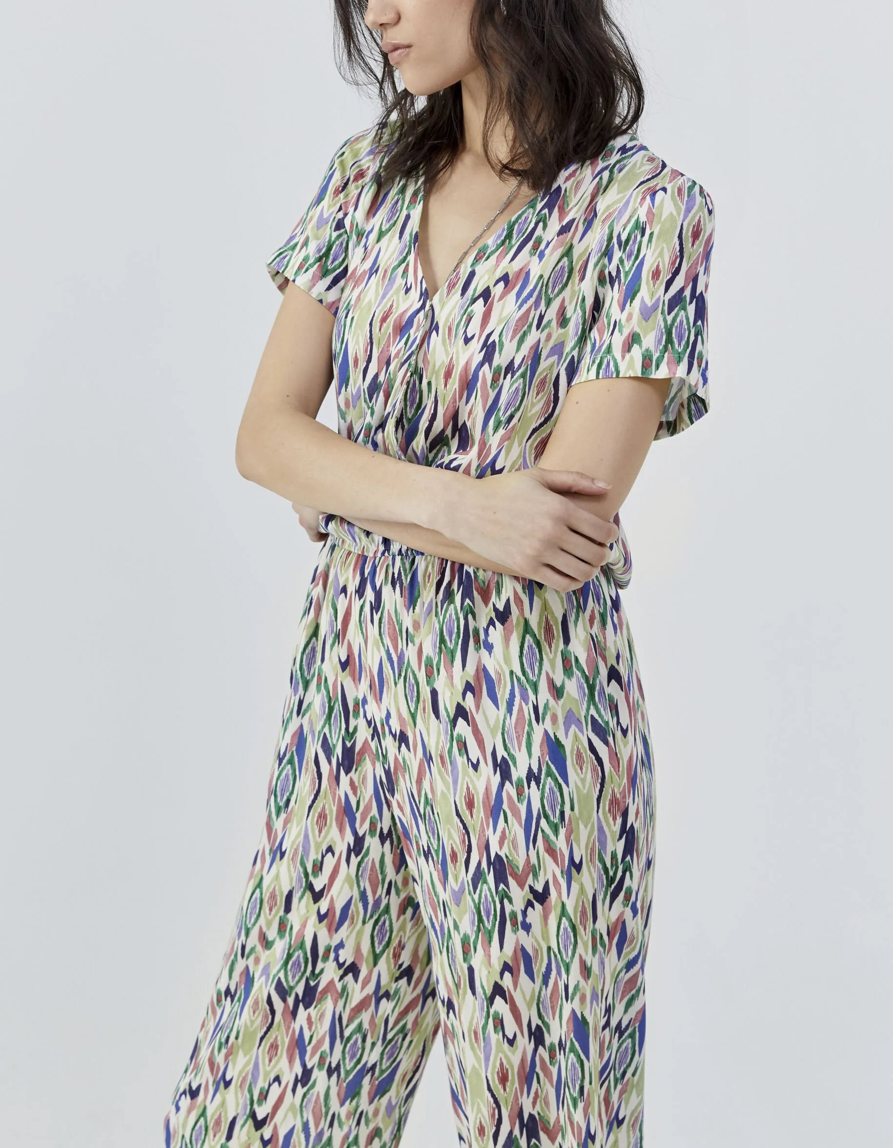 Ikat Diamond Print Cream Jumpsuit with Pants for Women