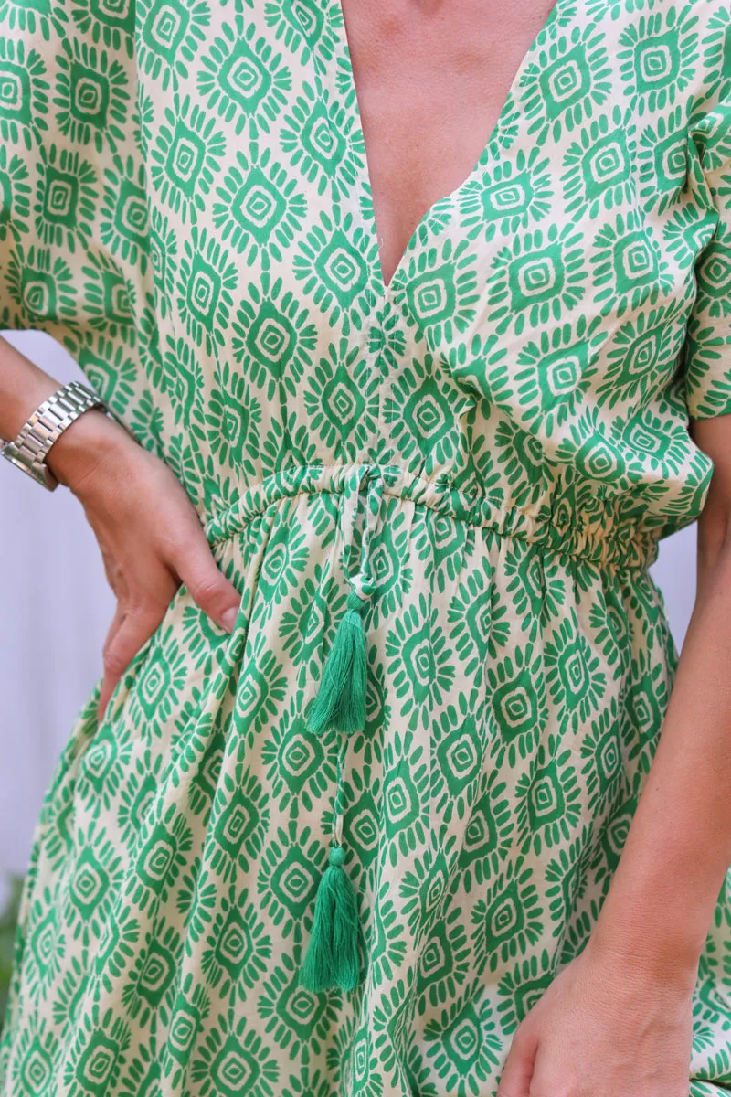 Cotton halter maxi dress with waist tie and green eye sun pattern