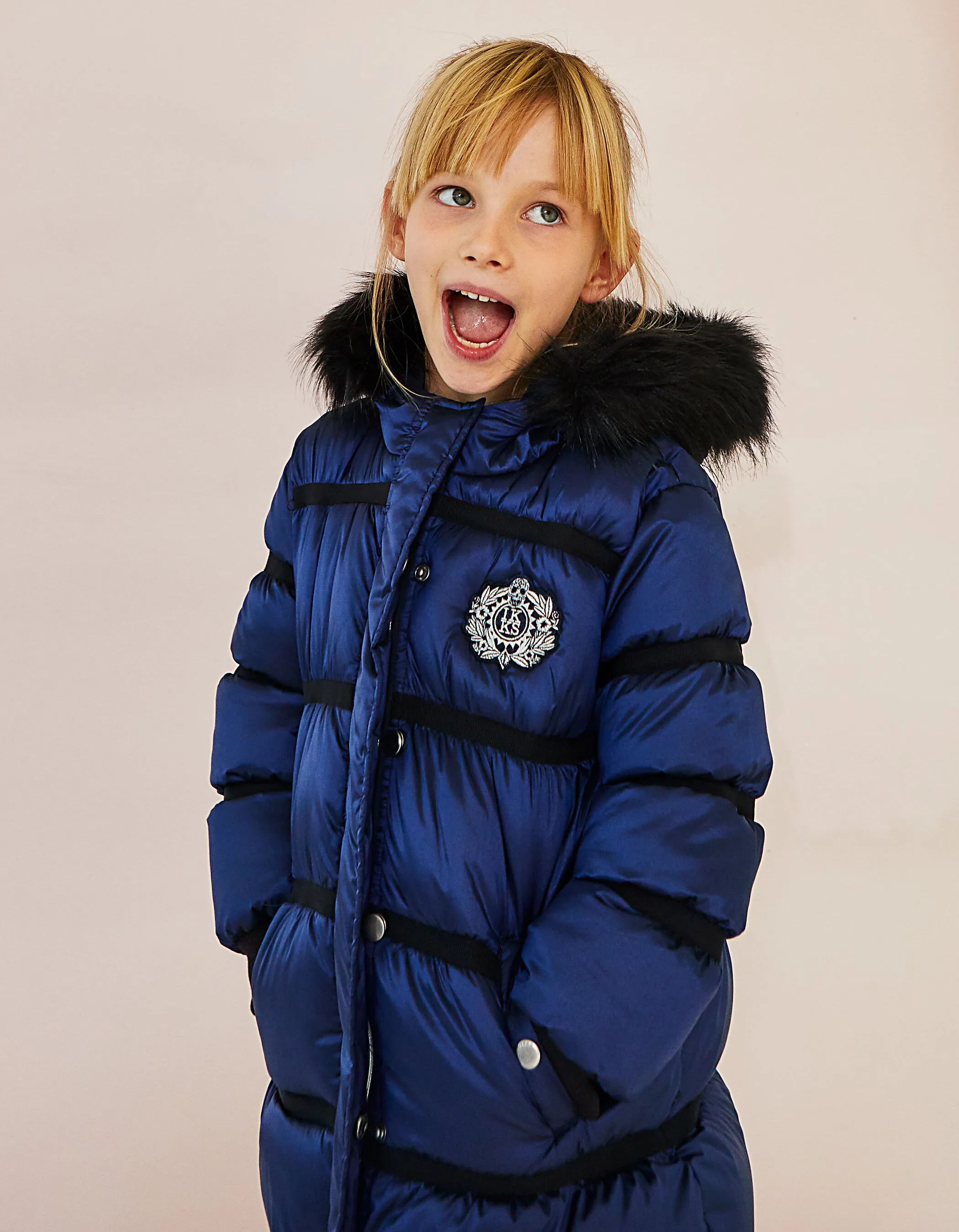 Navy Satin Long Puffer Jacket for Girls