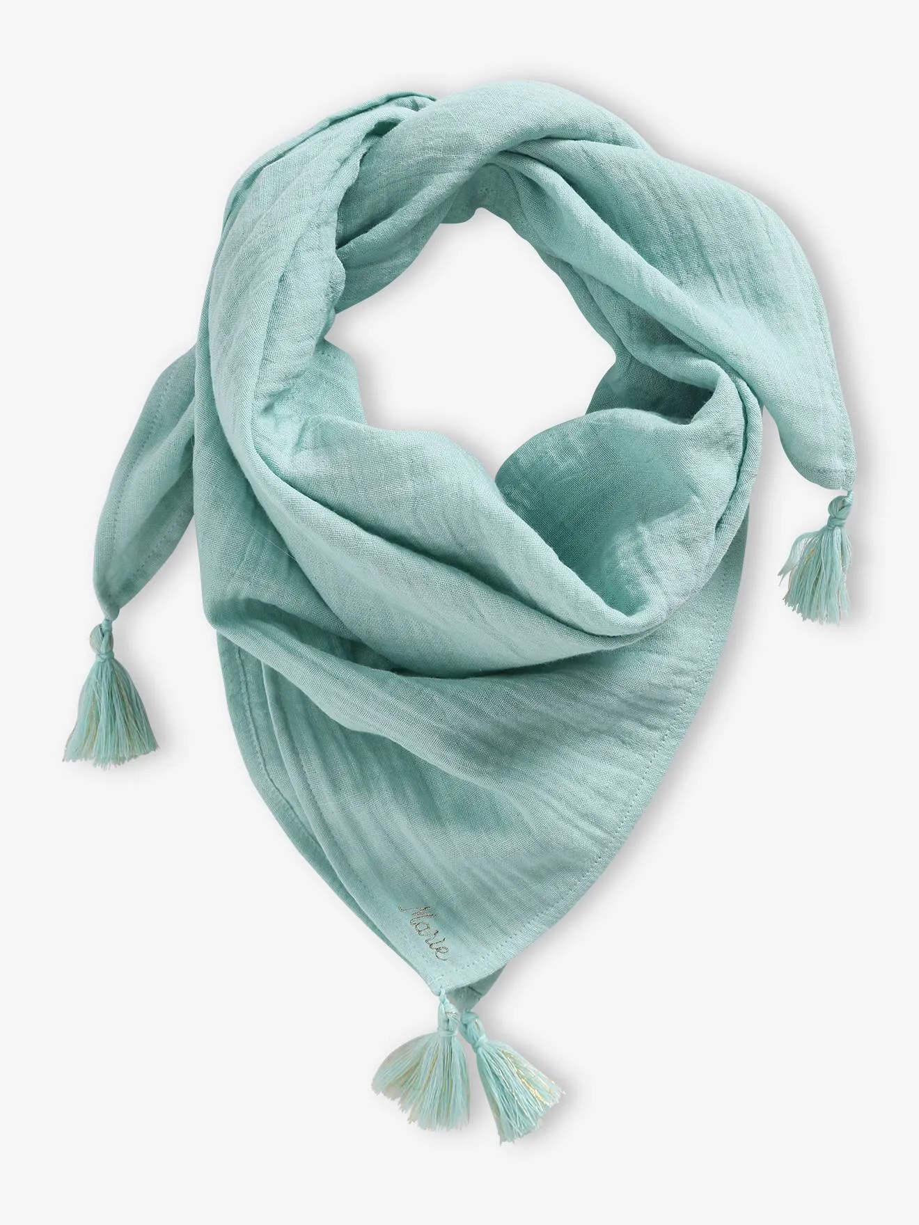 Customizable grey-blue girl's scarf with pompoms - Vertbaudet