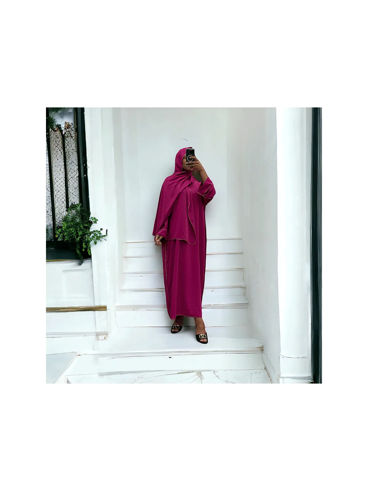 Fuschia Silk Medine Abaya Dress with Integrated Scarf
