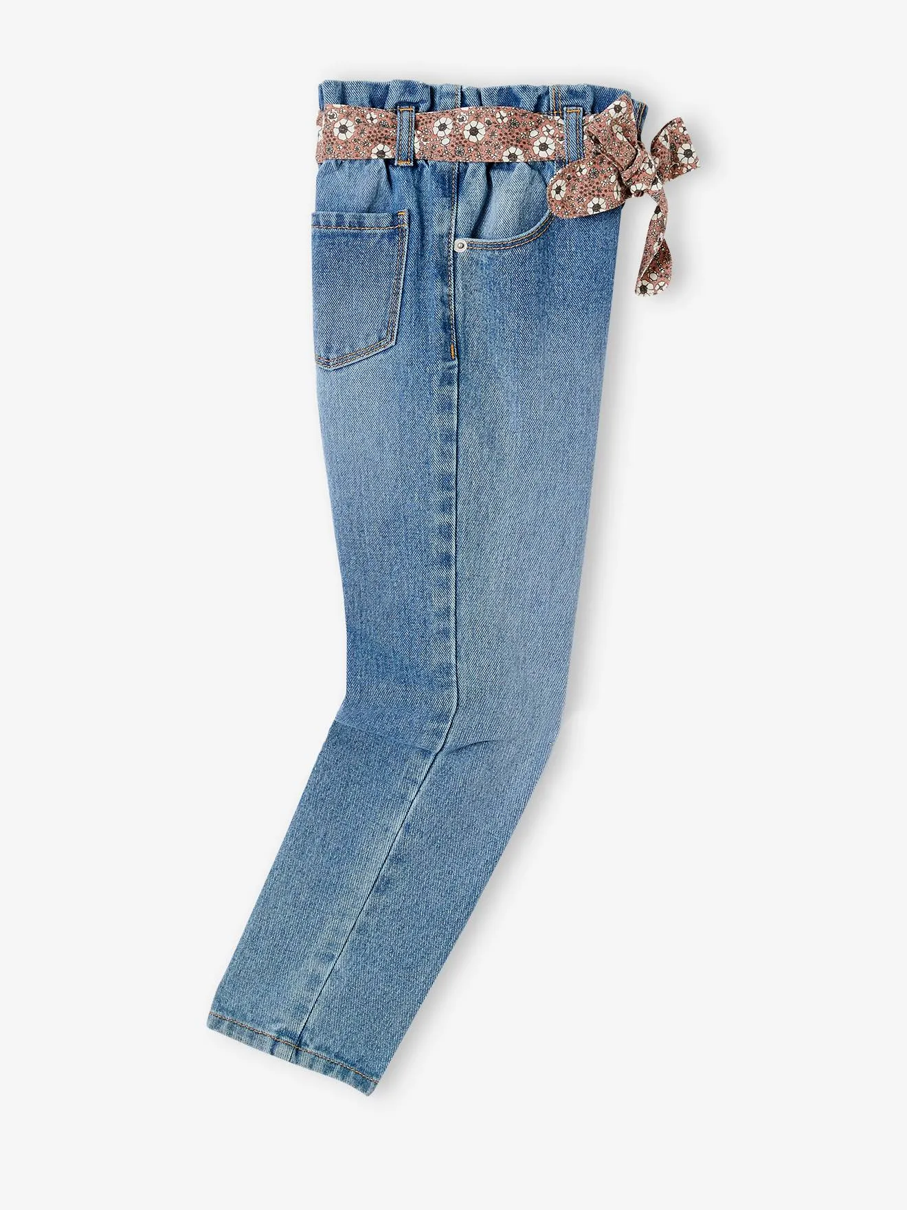 Jean style paperbag, ceinture fleurie fille denim gris - Vertbaudet