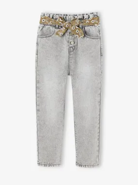 Jean style paperbag, ceinture fleurie fille denim gris - Vertbaudet
