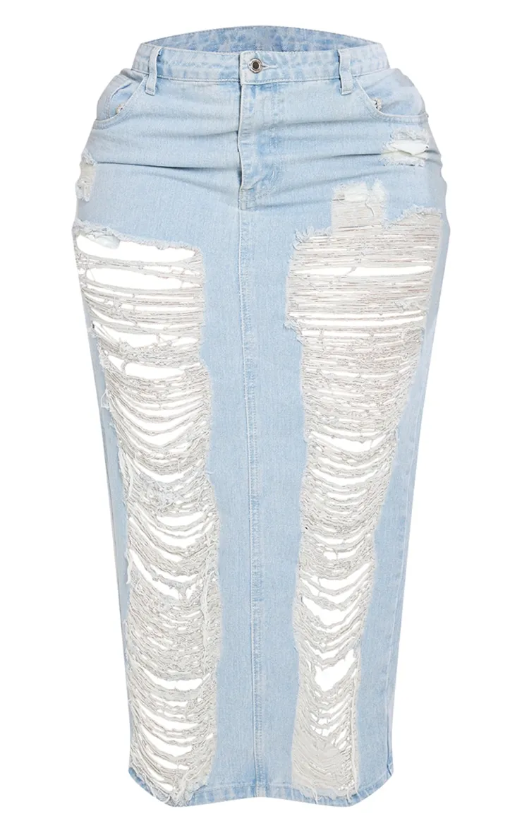 Light Blue Distressed Long Denim Skirt.