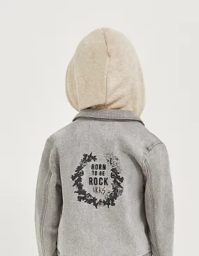 Light Grey Organic Denim Jacket with Removable Hood for Girls.