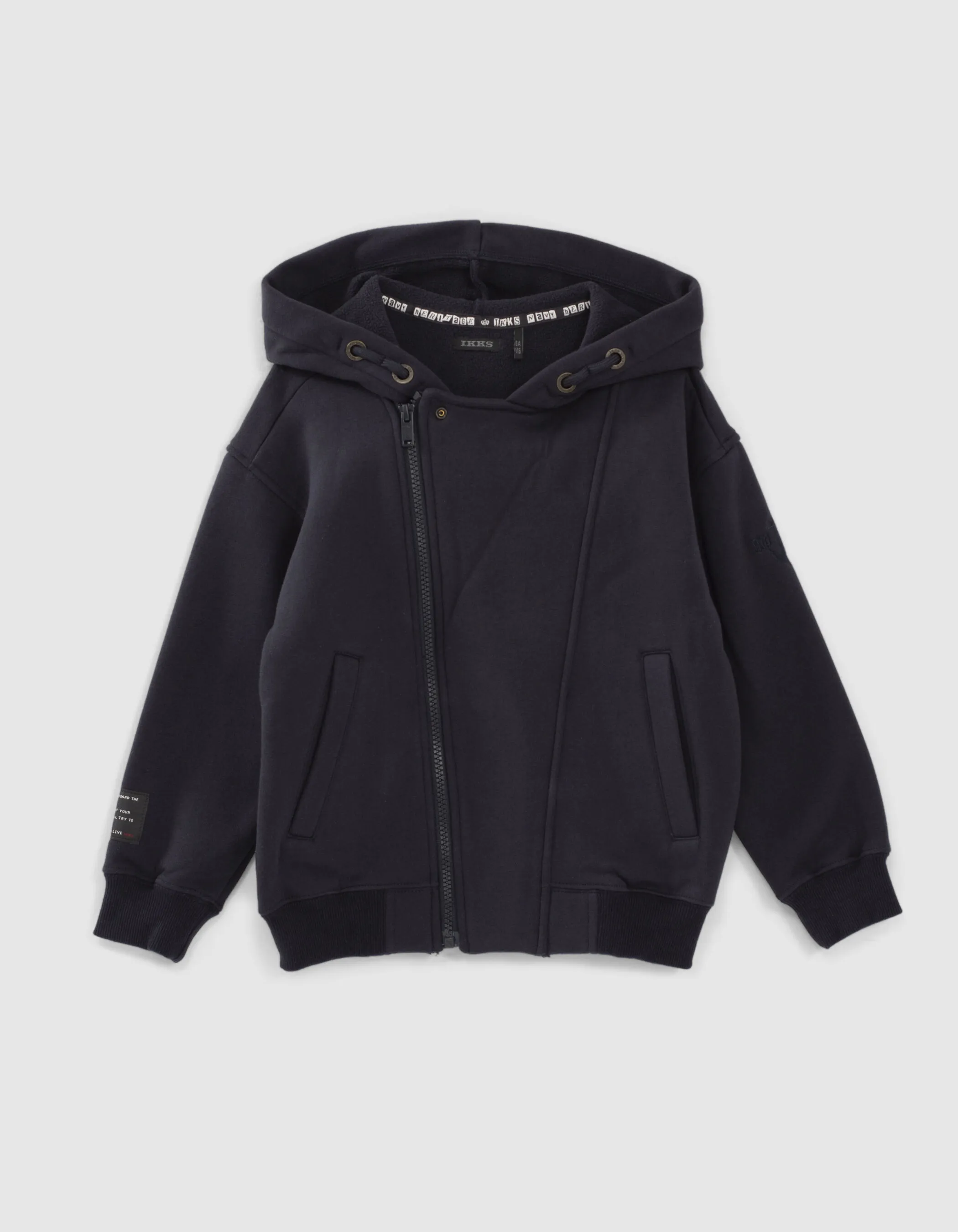 Navy asymmetrical zip cardigan for boys.