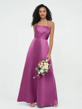 Orchid Satin Spaghetti Strap Pleated Prom Dresses.