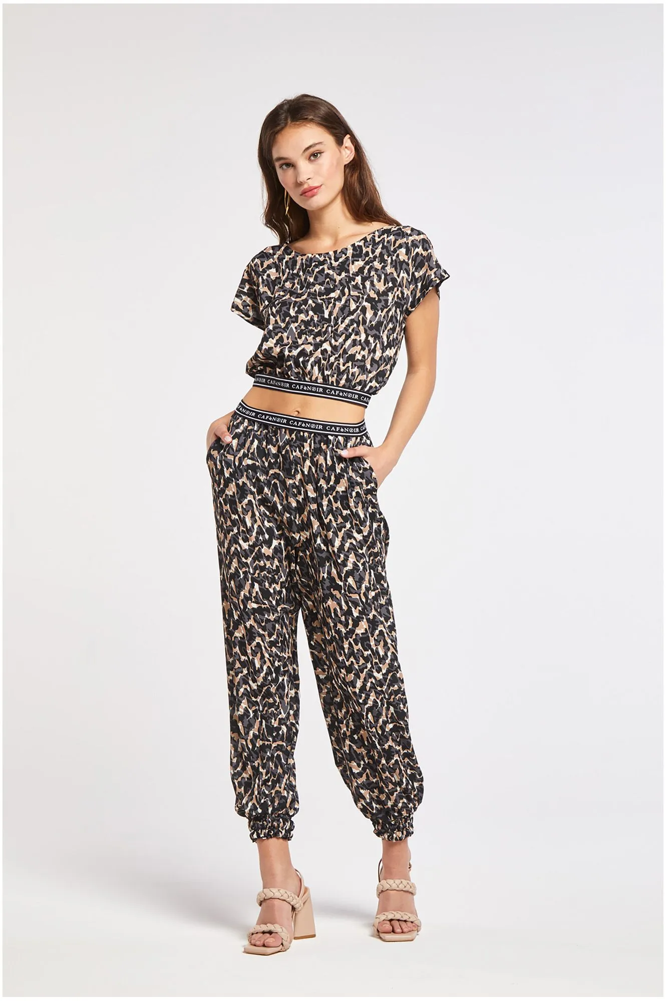 Printed Beige Camouflage Jersey Pants with Elastic Ankles - CafèNoir