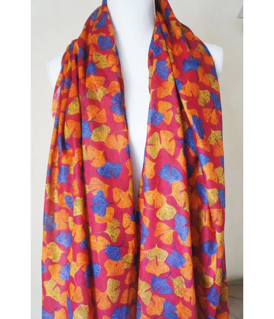 Pink Cotton Ginkgo Leaf Boho Women's Scarf by Santaïa.