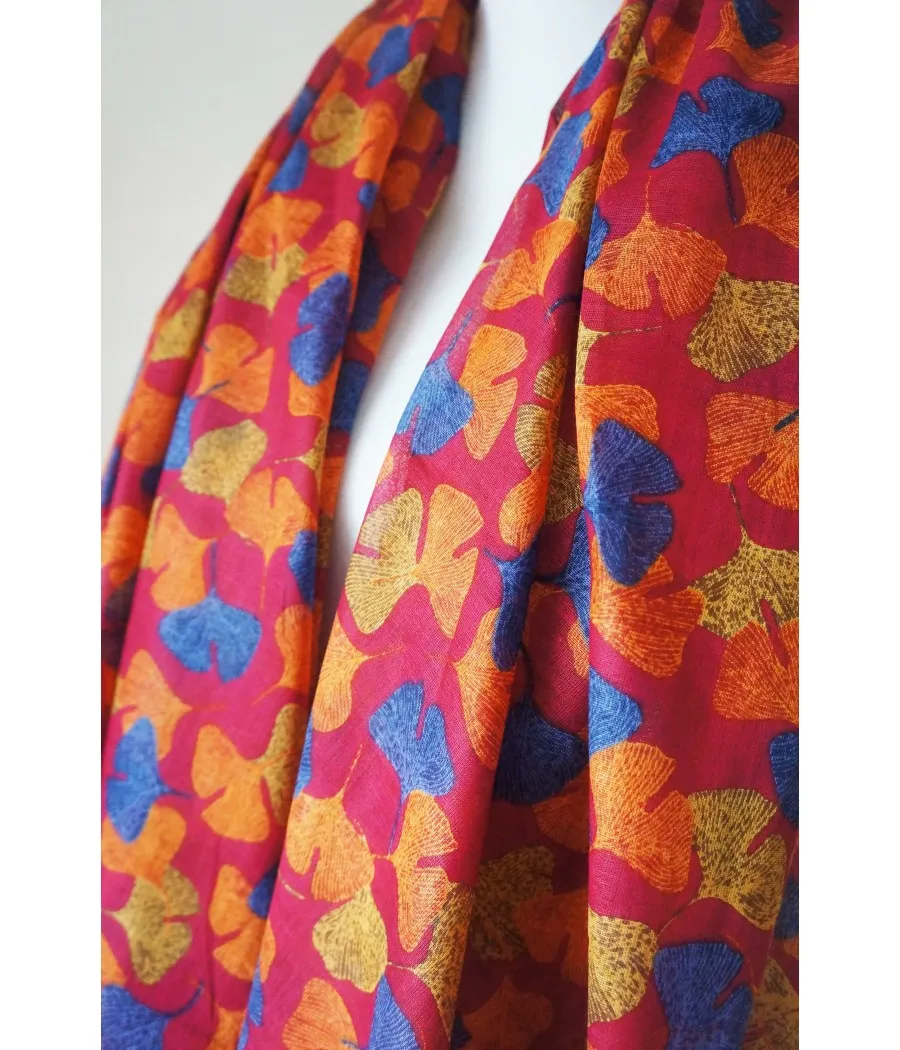 Pink Cotton Ginkgo Leaf Boho Women's Scarf by Santaïa.