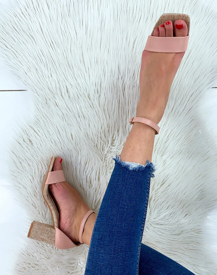Pink fabric high heel sandals