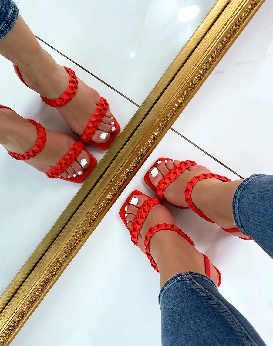 Red Heeled Sandals with Woven Straps