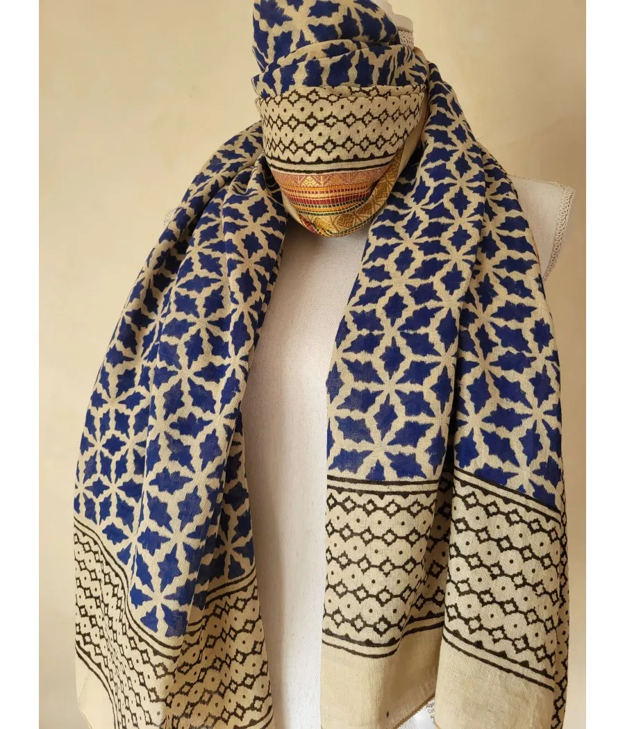 Santaia Blue Block Print Silk Scarf with Shiny Thread - Top-Quality Artisan Crafted in India