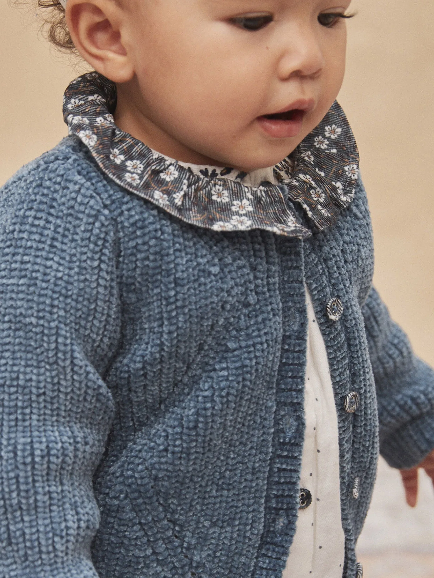 Slate Blue Chenille Knit Openwork Cardigan