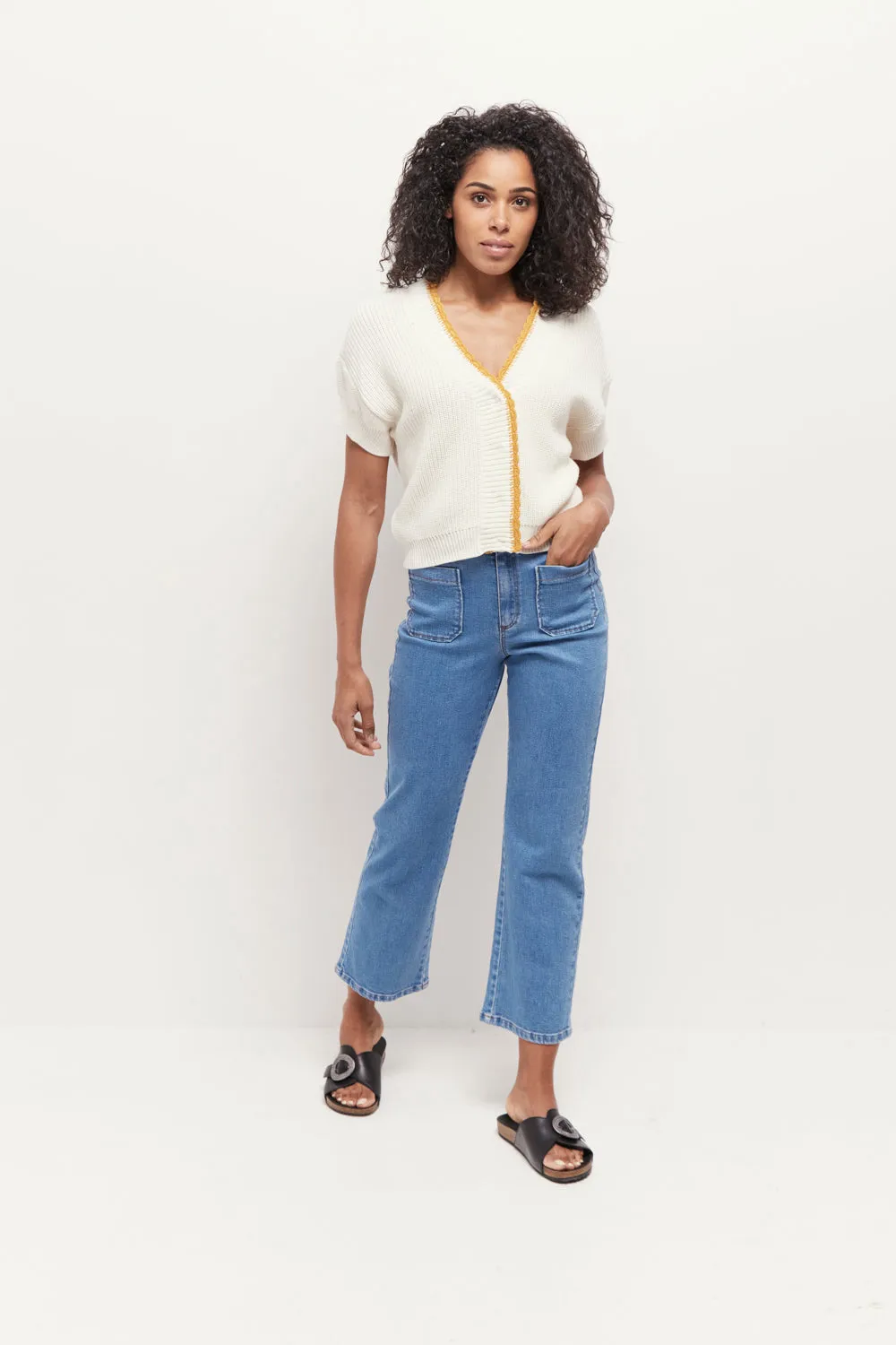 TESS Ivory Short Sleeve Cardigan with Camel Trim Knit