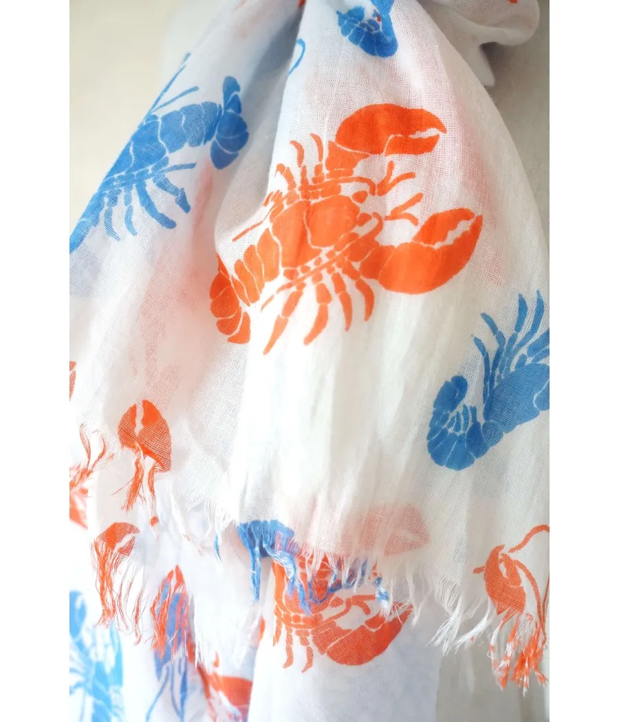White Cotton Scarf Lobsters Oranges Blue Nautical Spirit
