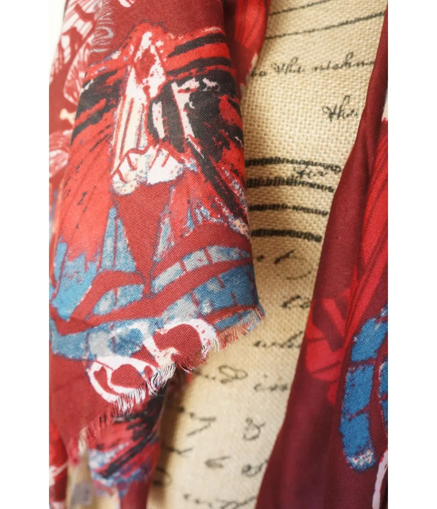 Winter burgundy women's scarf with blue stylized butterfly print by SANTAÏA