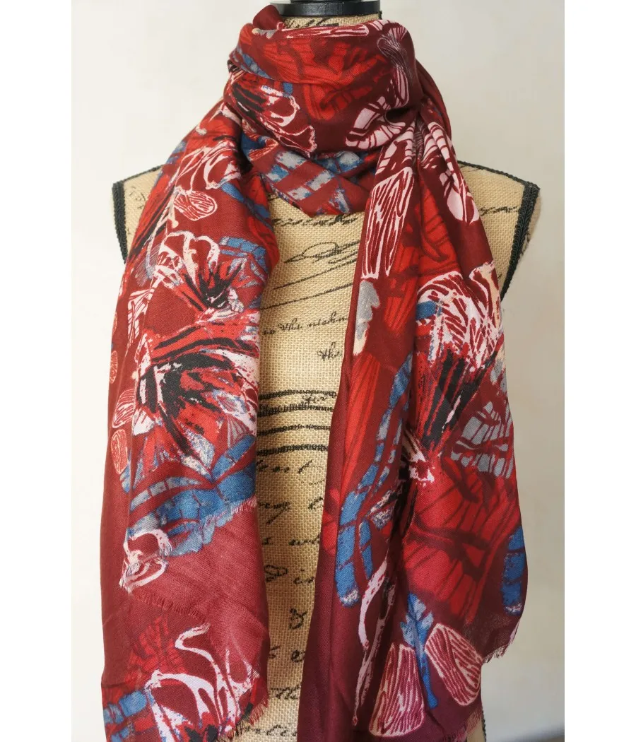 Winter burgundy women's scarf with blue stylized butterfly print by SANTAÏA