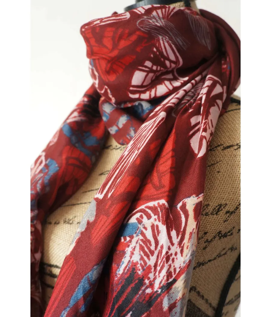 Winter burgundy women's scarf with blue stylized butterfly print by SANTAÏA